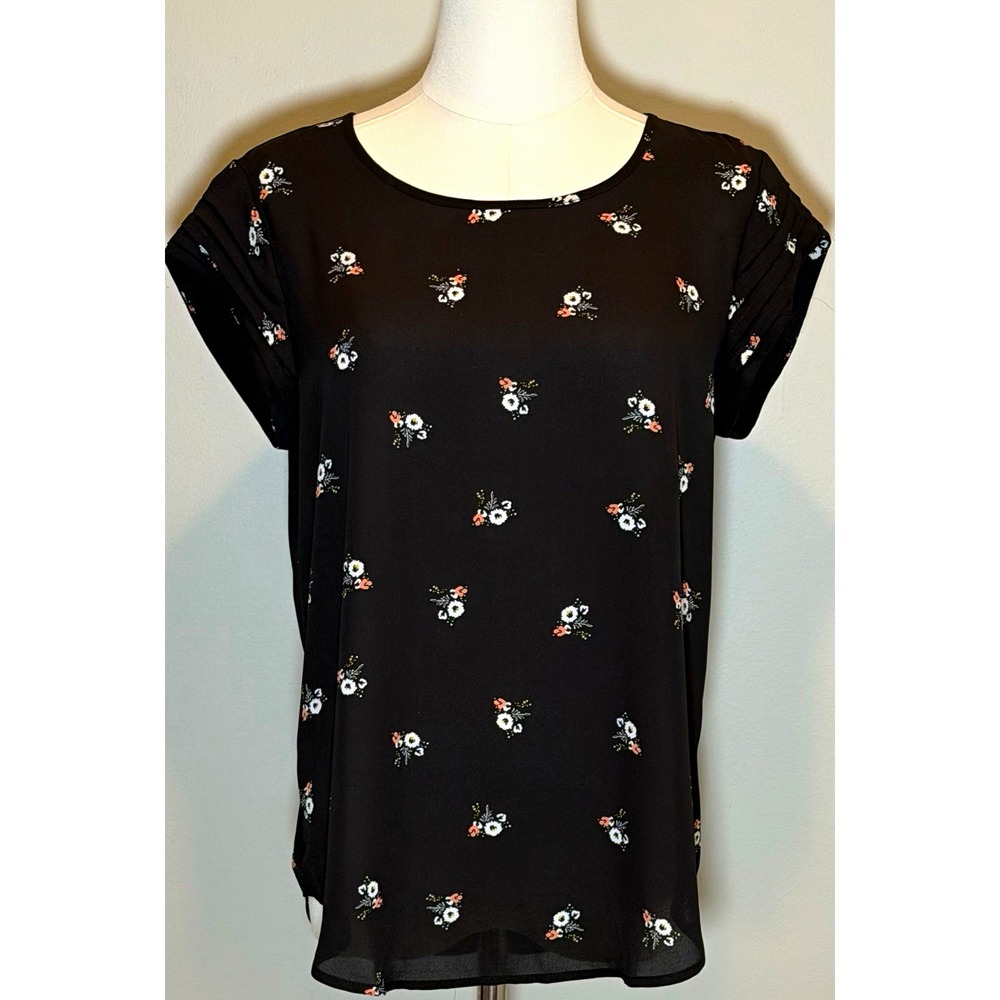 Lily White Black Floral Round Neck Cap Sleeve Lightweight Blouse Women M